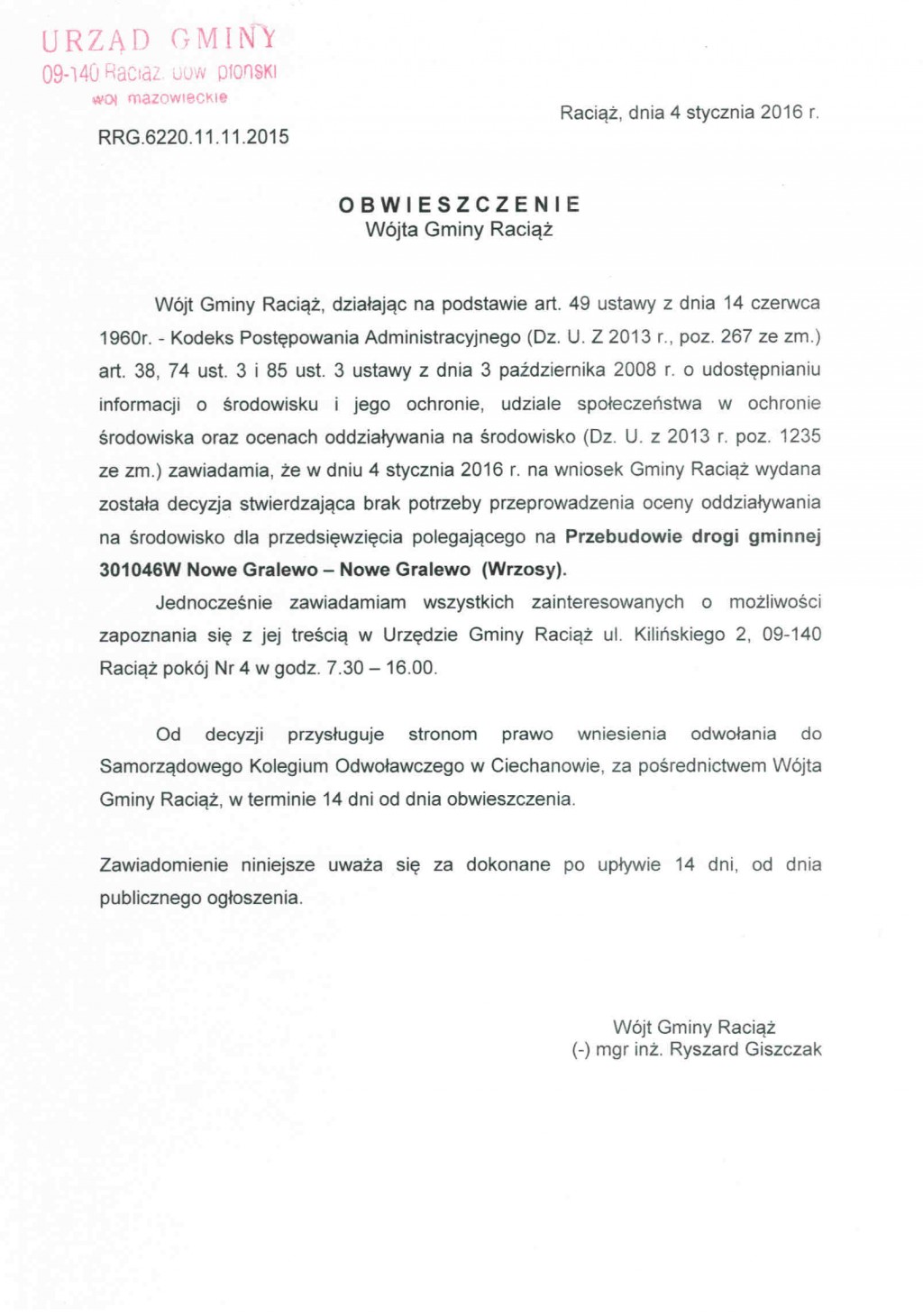 Obwieszczenie Wójta Gminy Raciąż