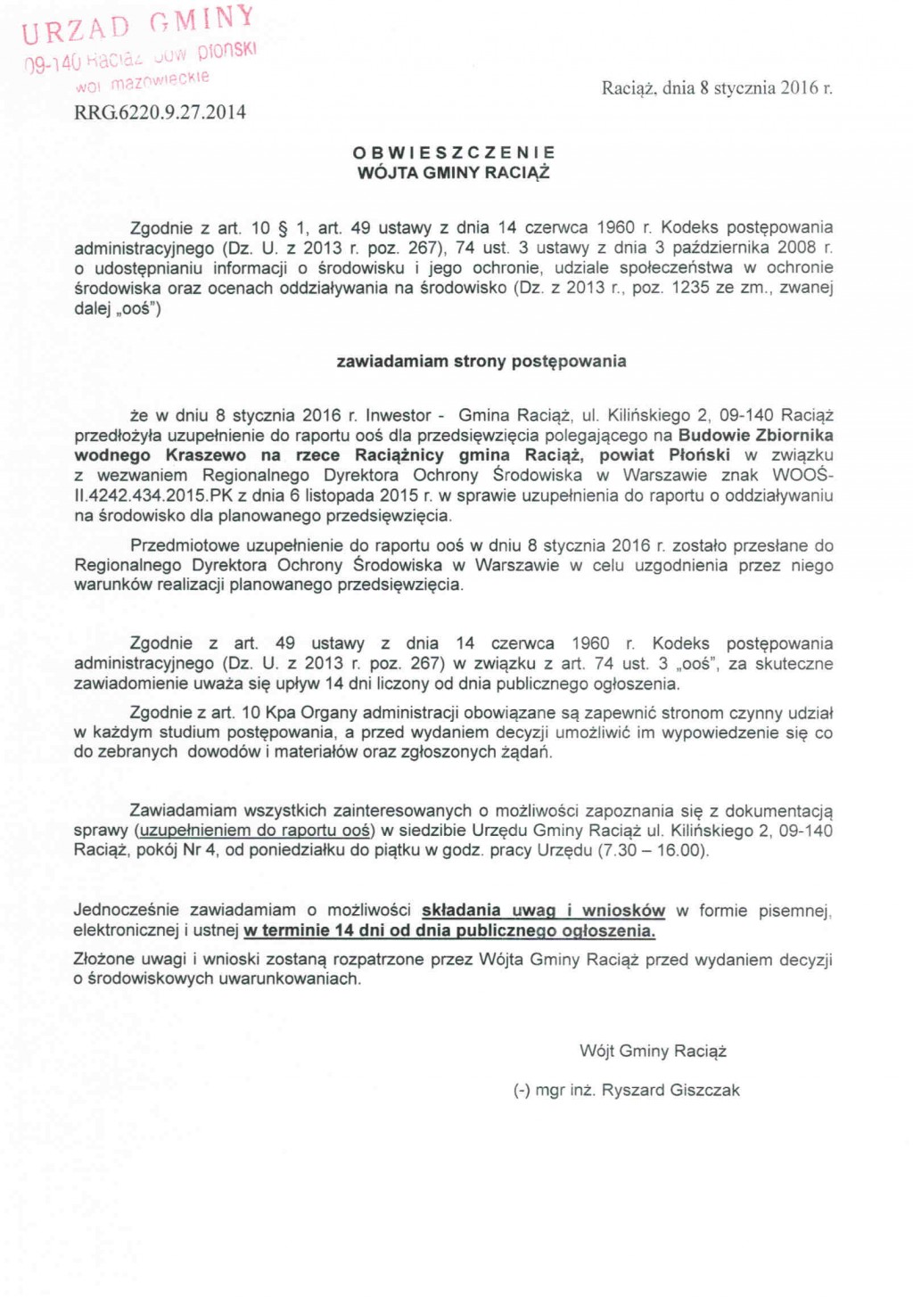 Obwieszczenie Wójta Gminy Raciąż