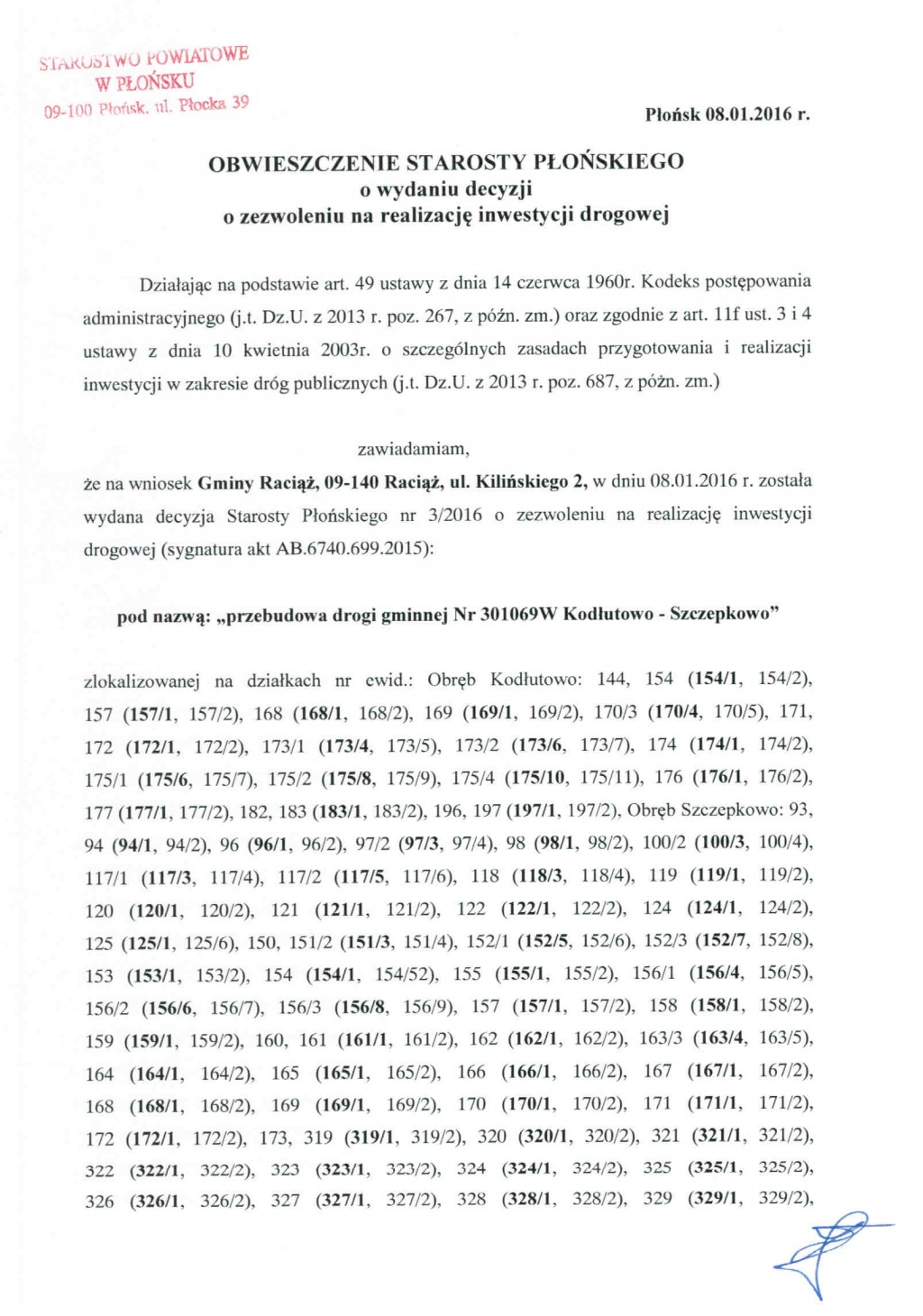 Obwieszczenie Starosty Płońskiego