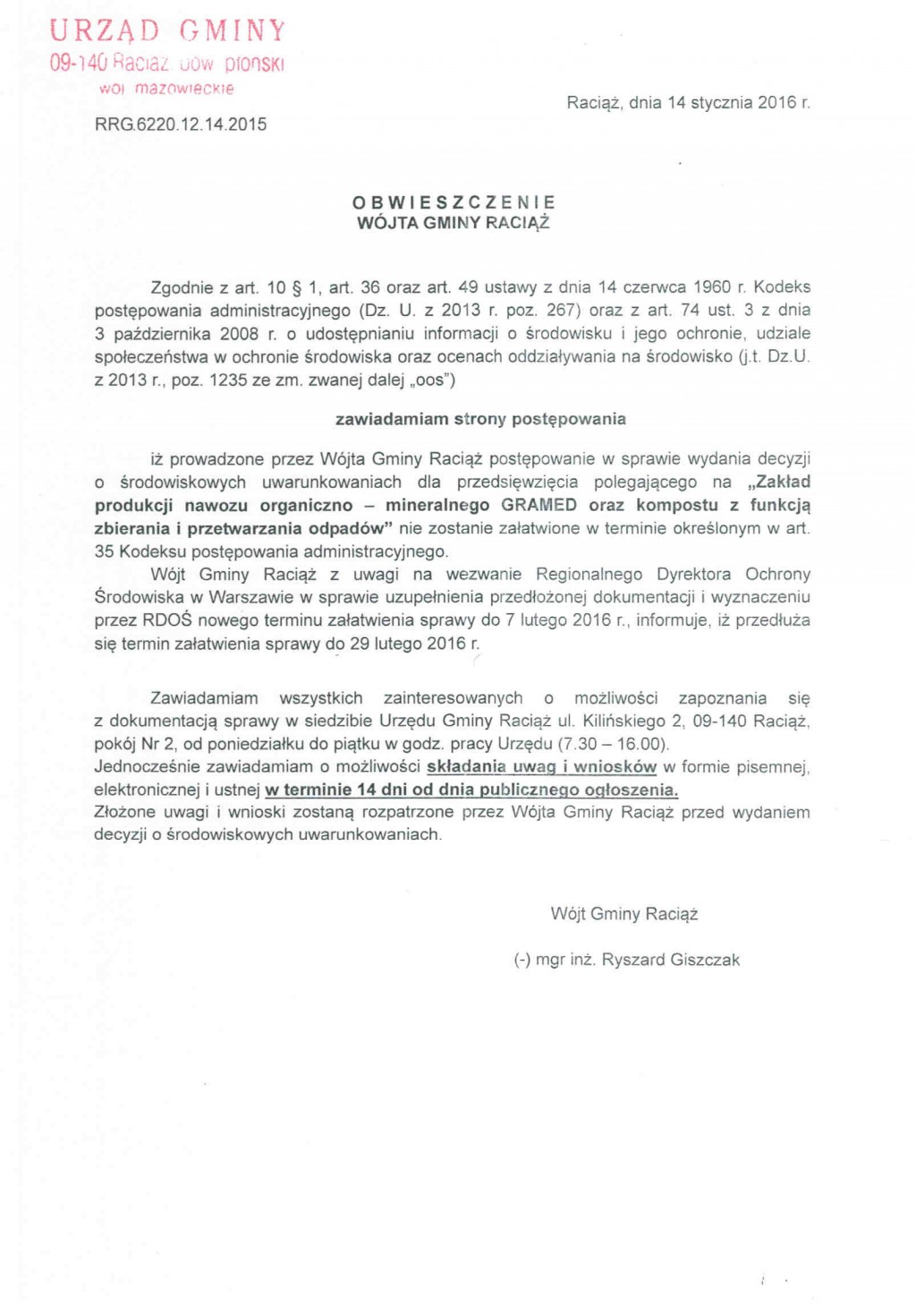 Obwieszczenie Wójta Gminy Raciąż