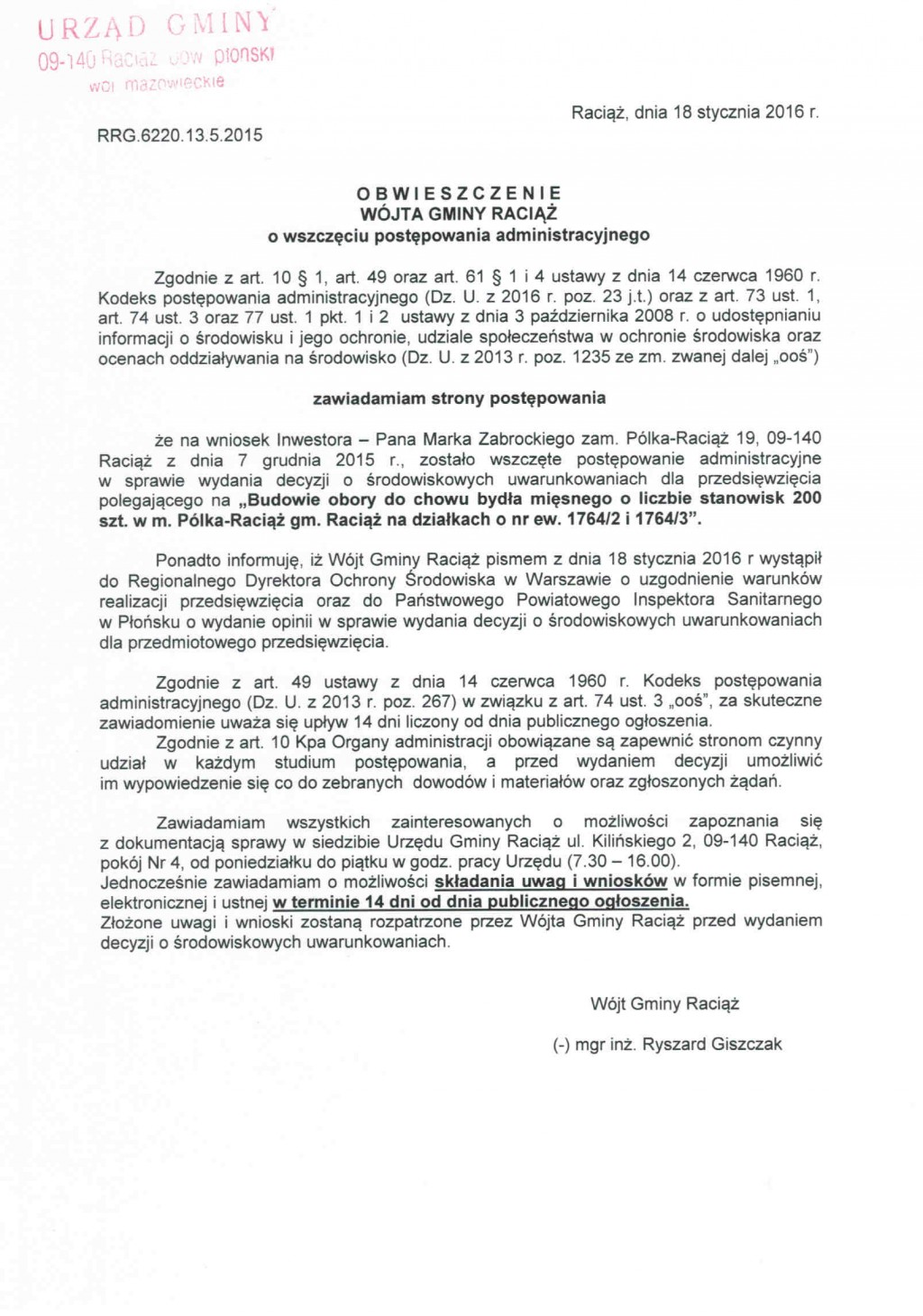 Obwieszczenie Wójta Gminy Raciąż