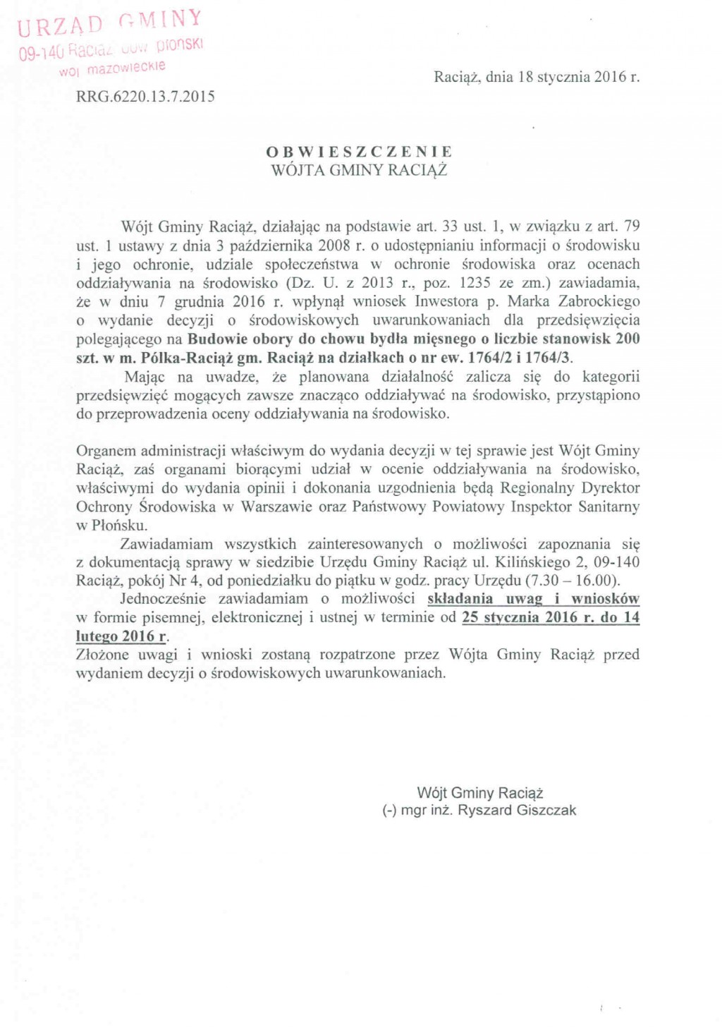 Obwieszczenie Wójta Gminy Raciąż