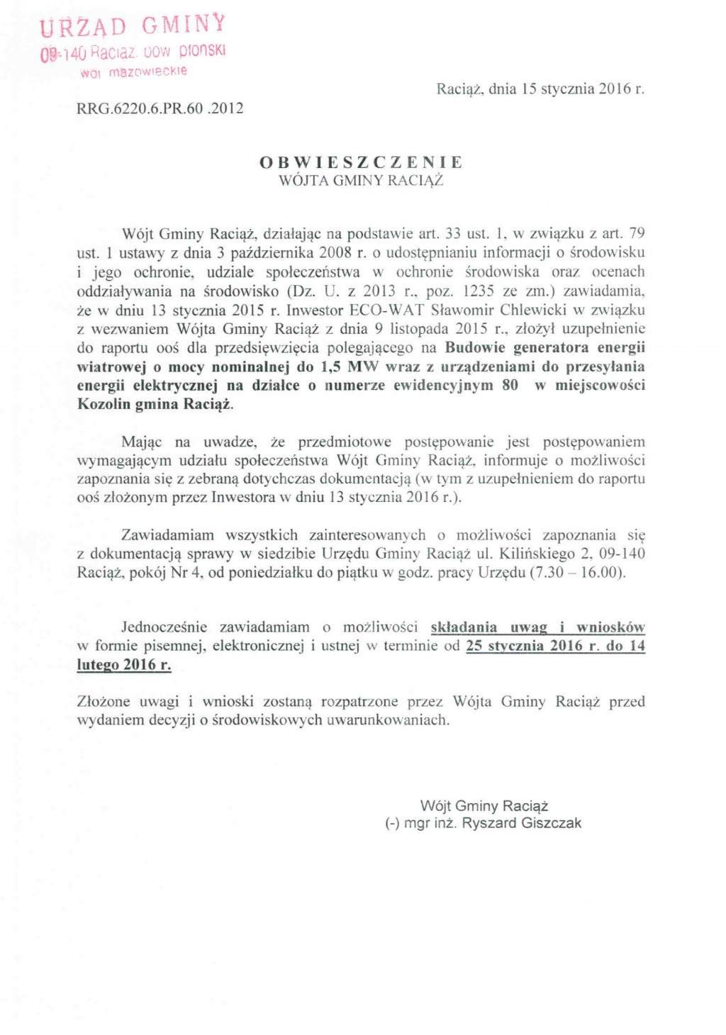 Obwieszczenie Wójta Gminy Raciąż