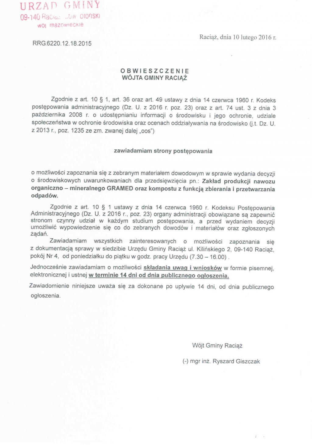 Obwieszczenie Wójta Gminy Raciąż