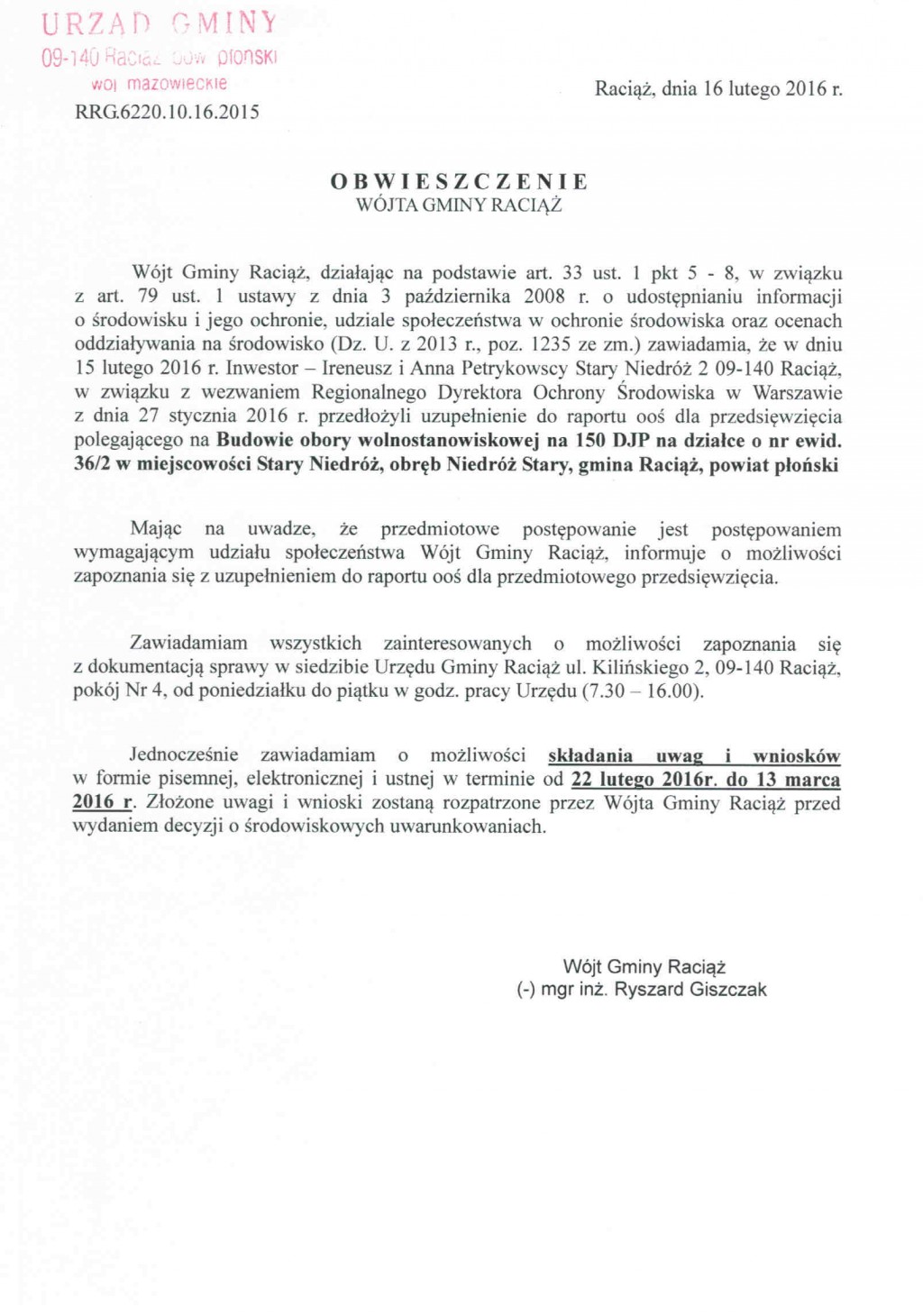 Obwieszczenie Wójta Gminy Raciąż