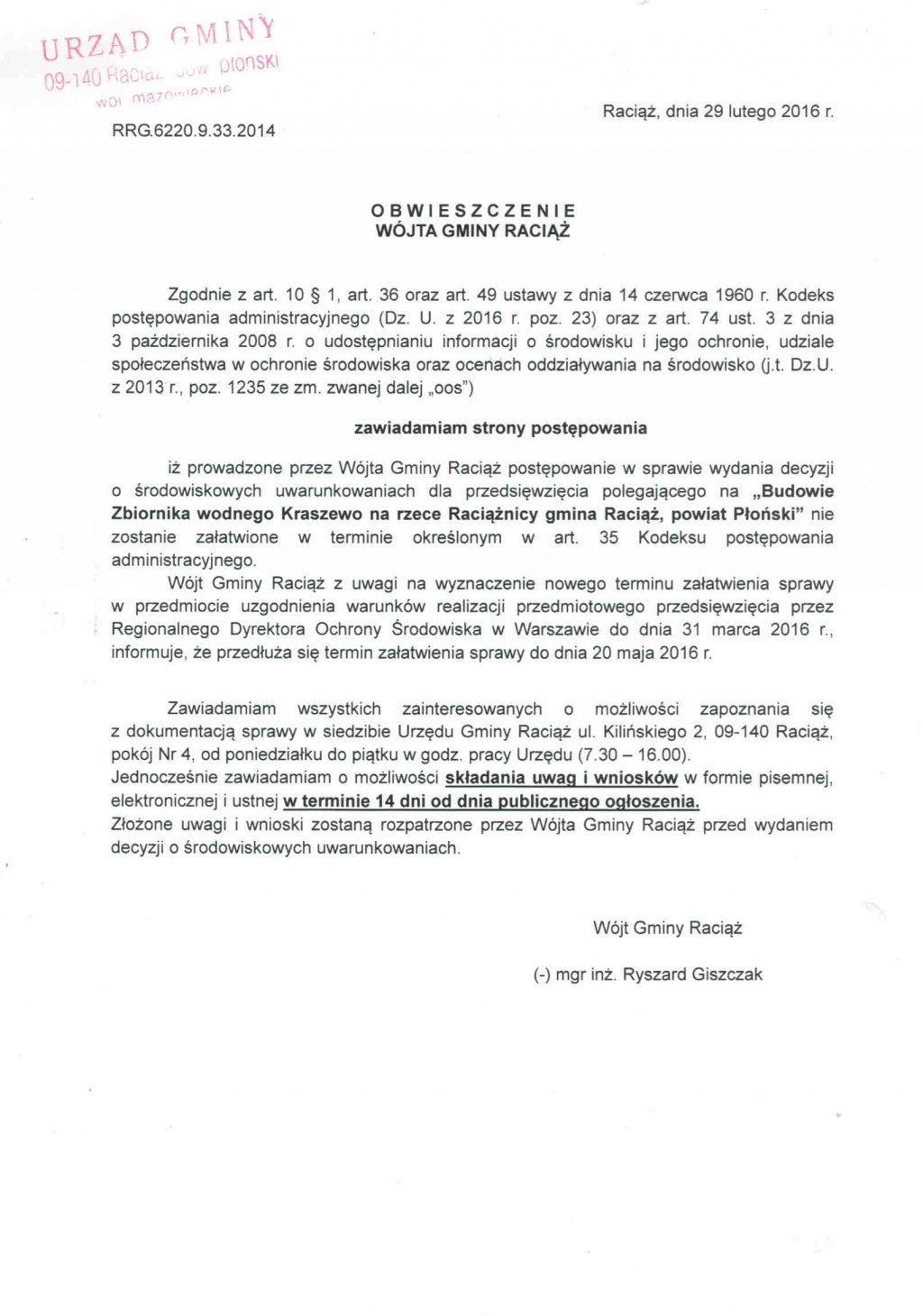 Obwieszczenie Wójta Gminy Raciąż