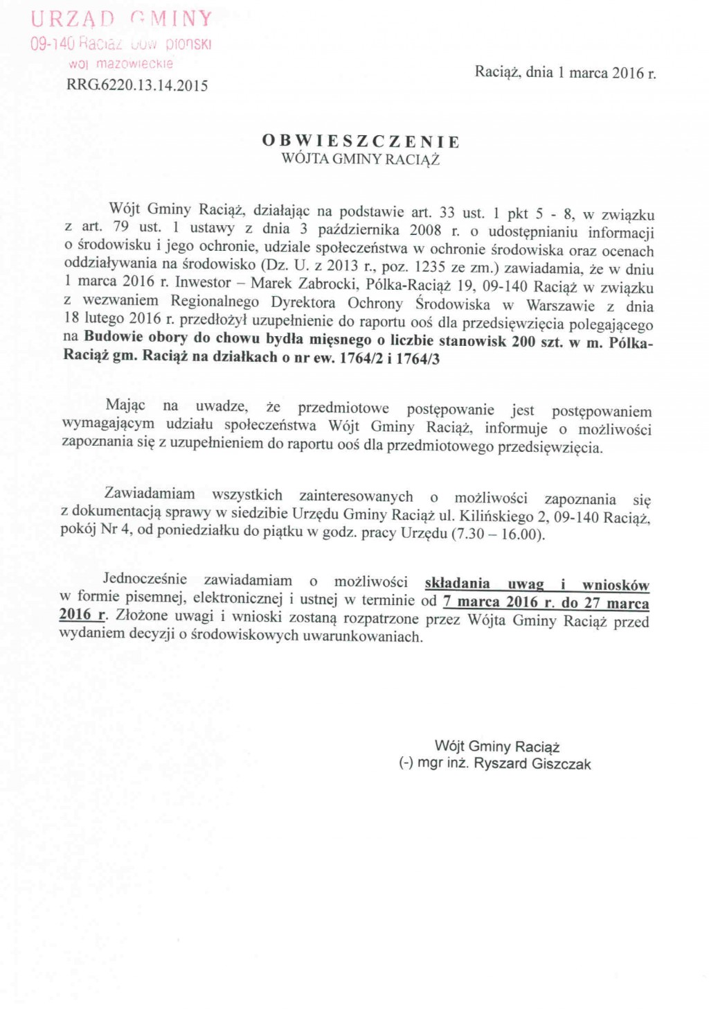 Obwieszczenie Wójta Gminy Raciąż