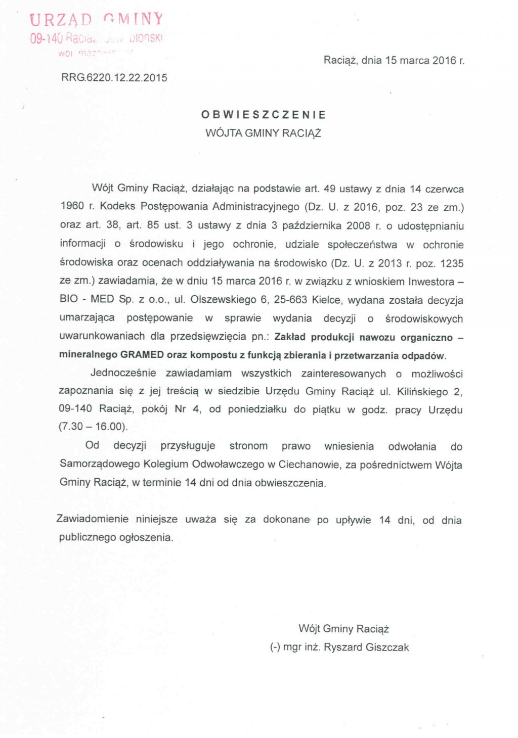 Obwieszczenie Wójta Gminy Raciąż