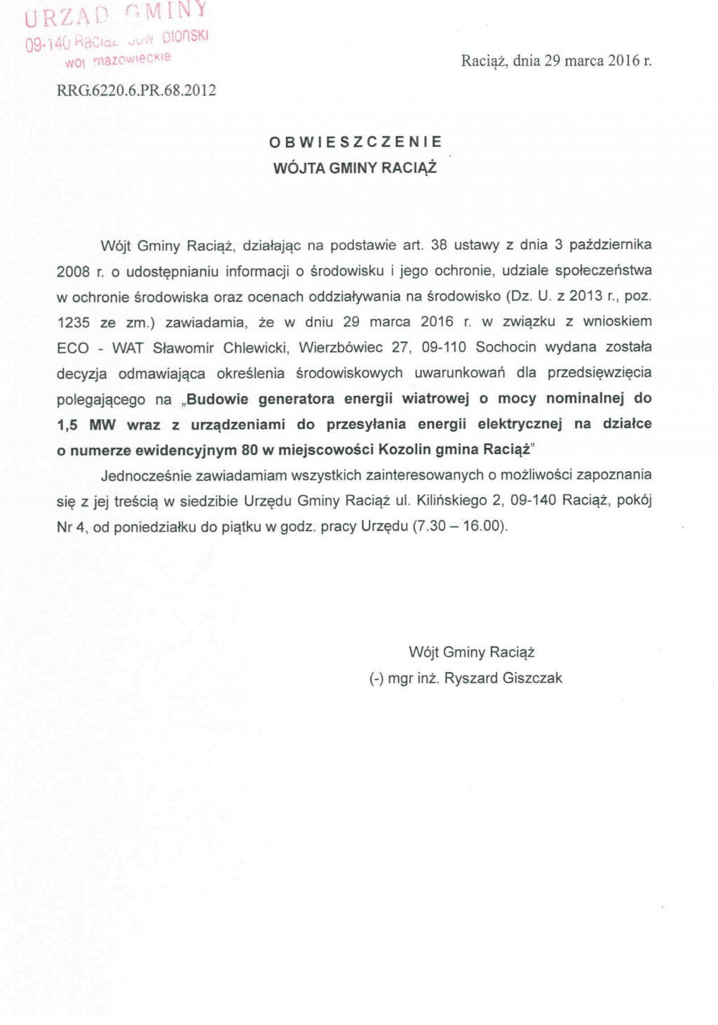 Obwieszczenie Wójta Gminy Raciąż