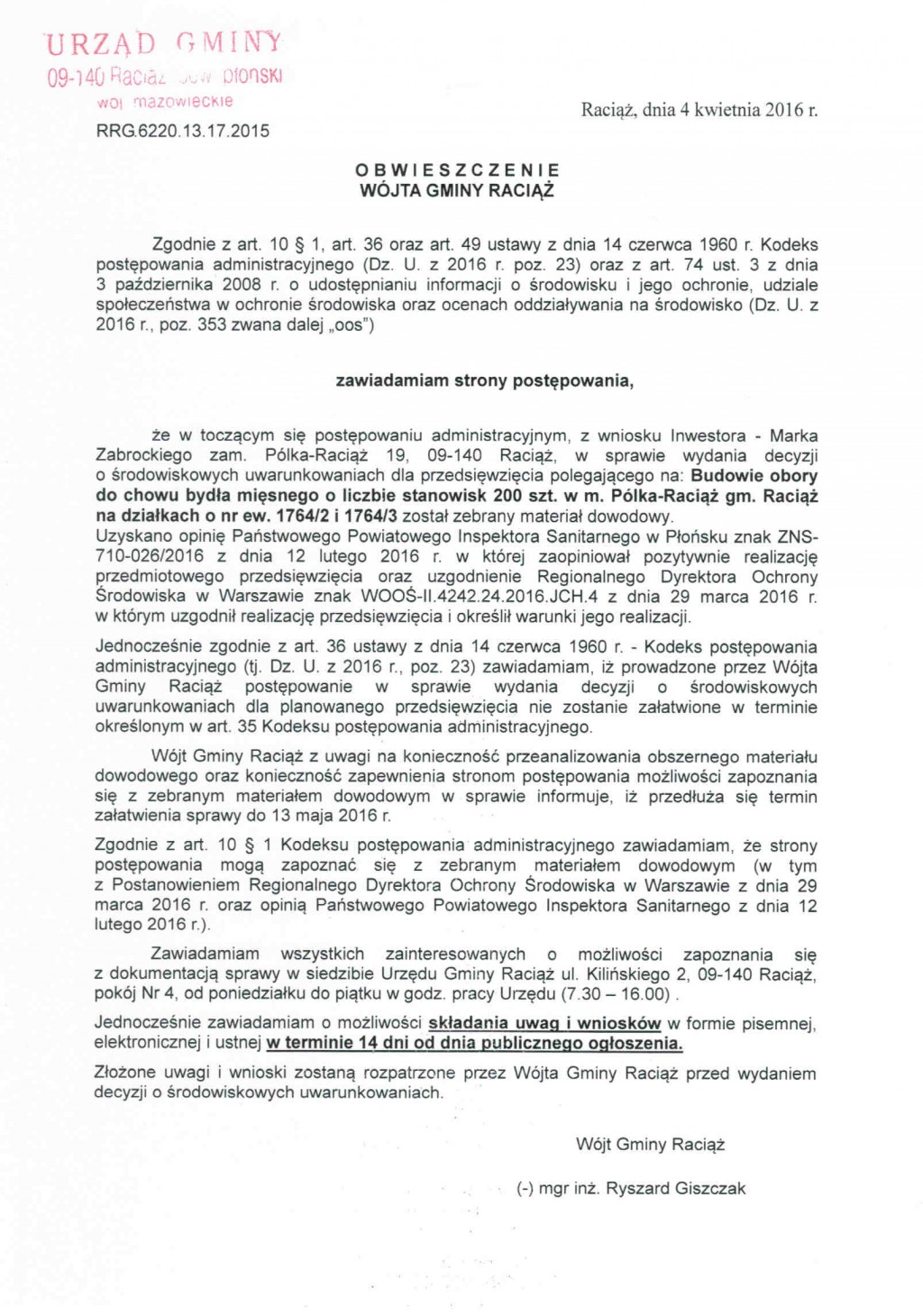 Obwieszczenie Wójta Gminy Raciąż