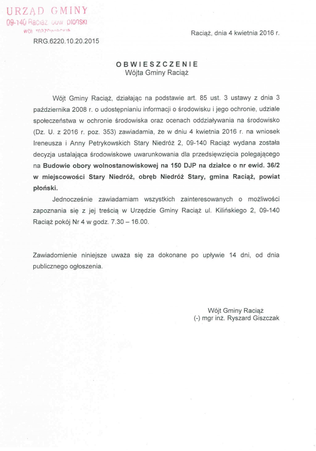 Obwieszczenie Wójta Gminy Raciąż