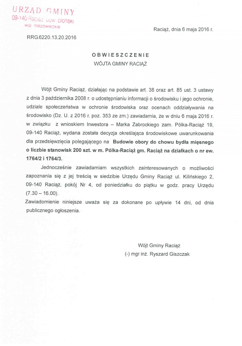 Obwieszczenie Wójta Gminy Raciąż