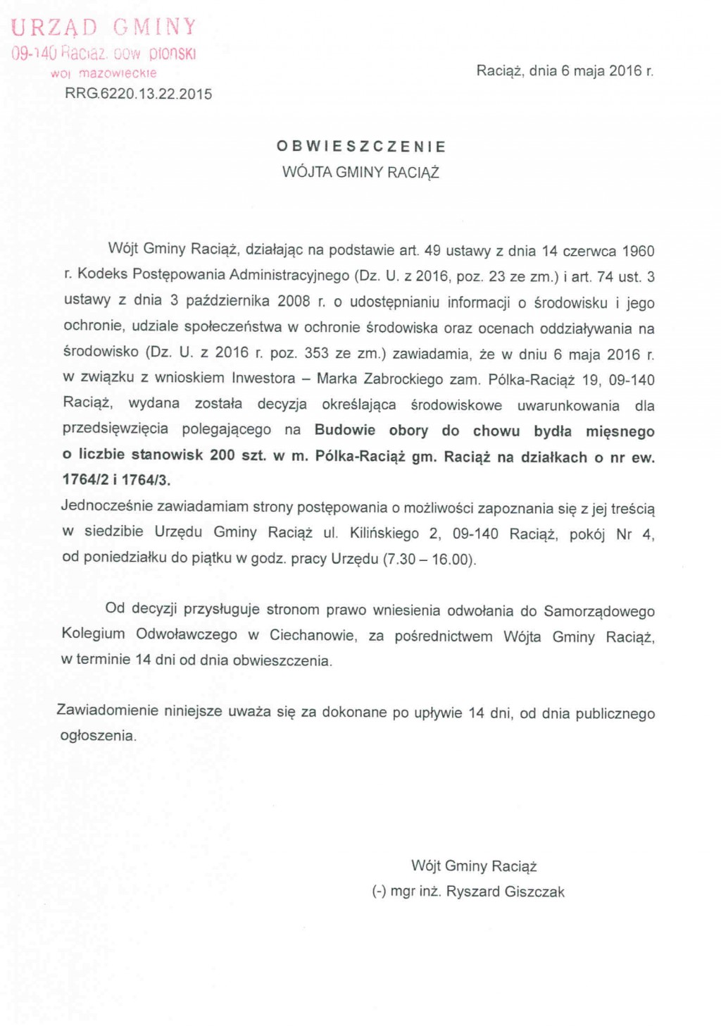 Obwieszczenie Wójta Gminy Raciąż