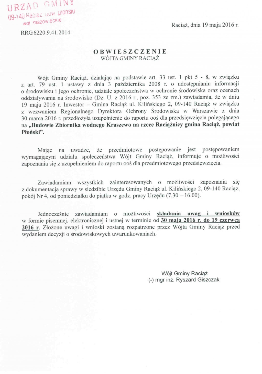 Obwieszczenie Wójta Gminy Raciąż