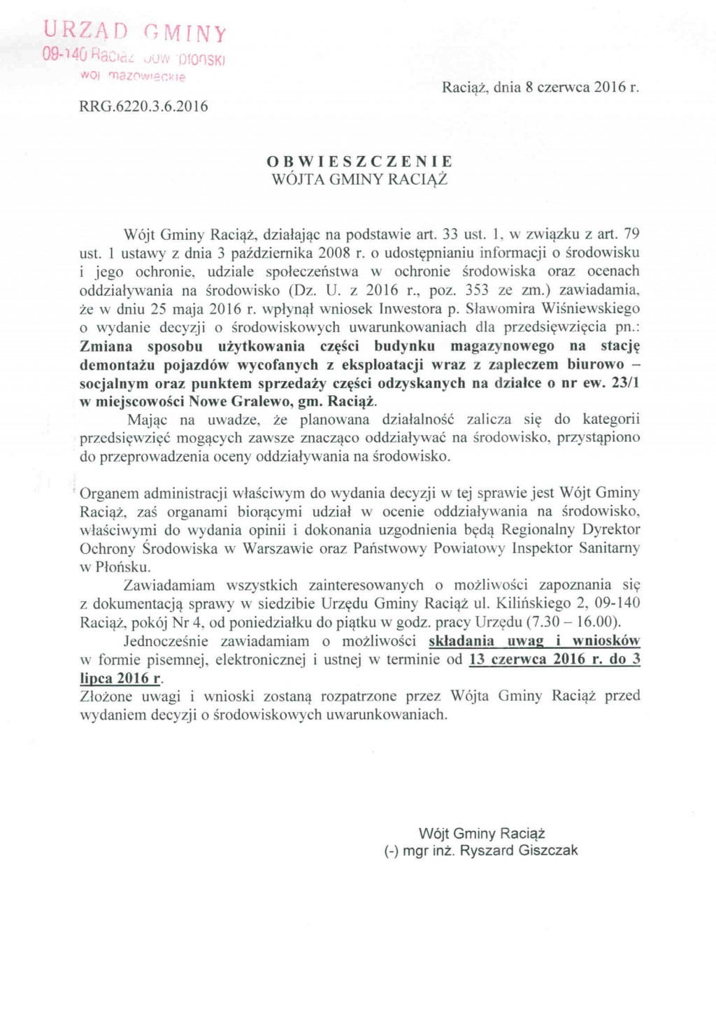 Obwieszczenie Wójta Gminy Raciąż