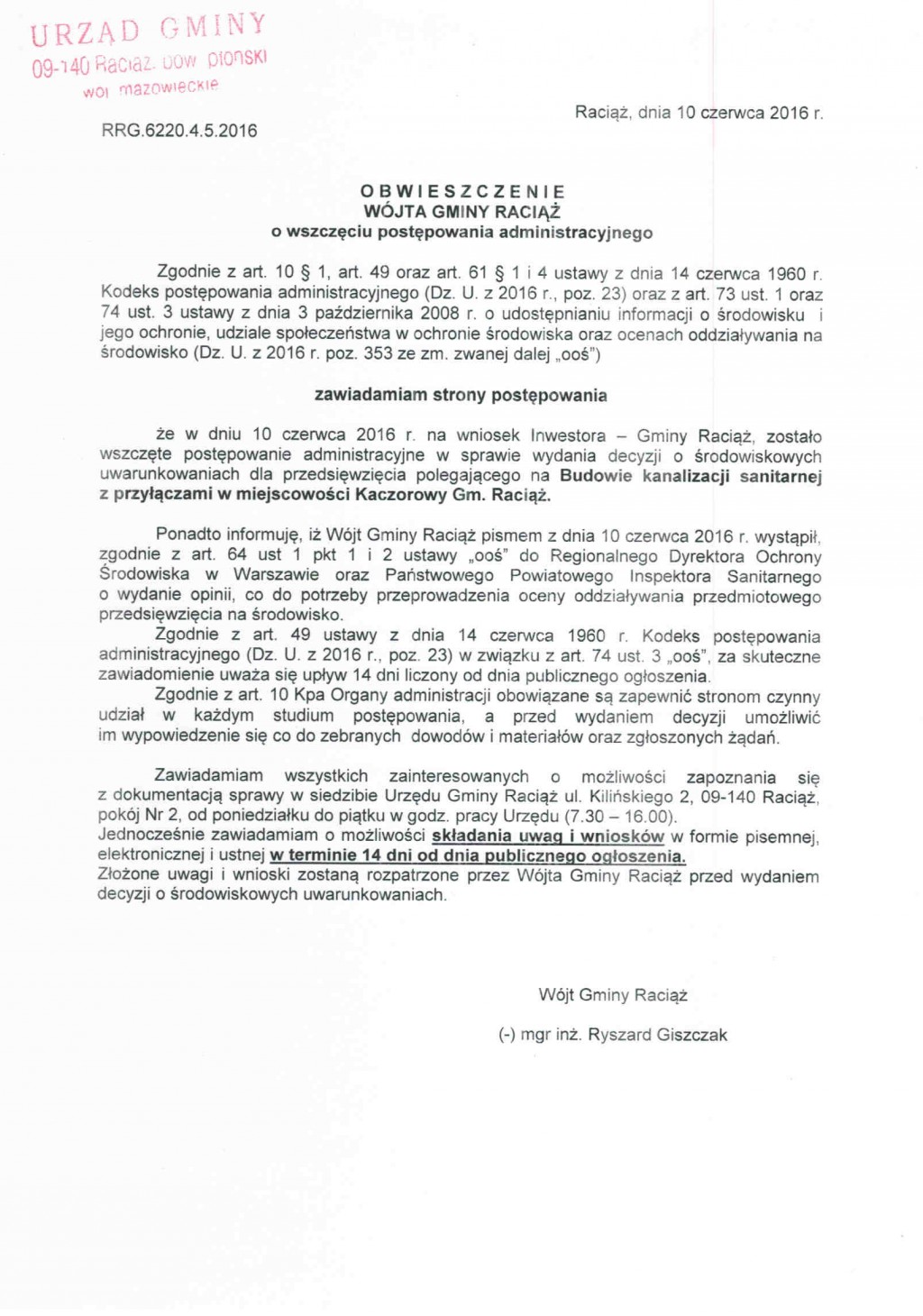 Obwieszczenie Wójta Gminy Raciąż