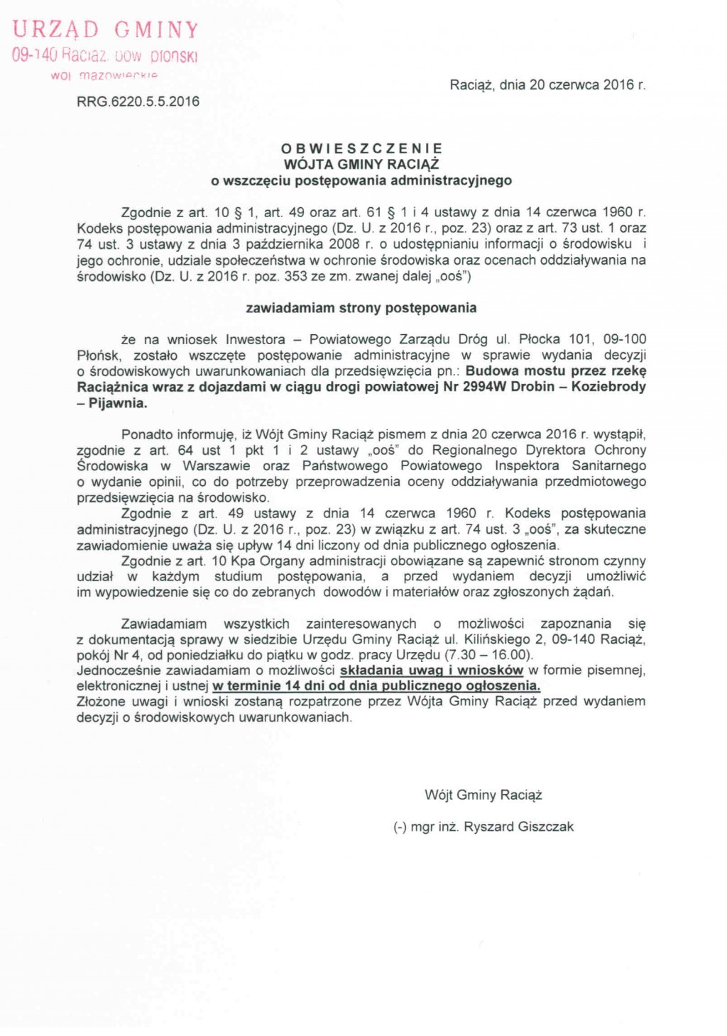 Obwieszczenie Wójta Gminy Raciąż