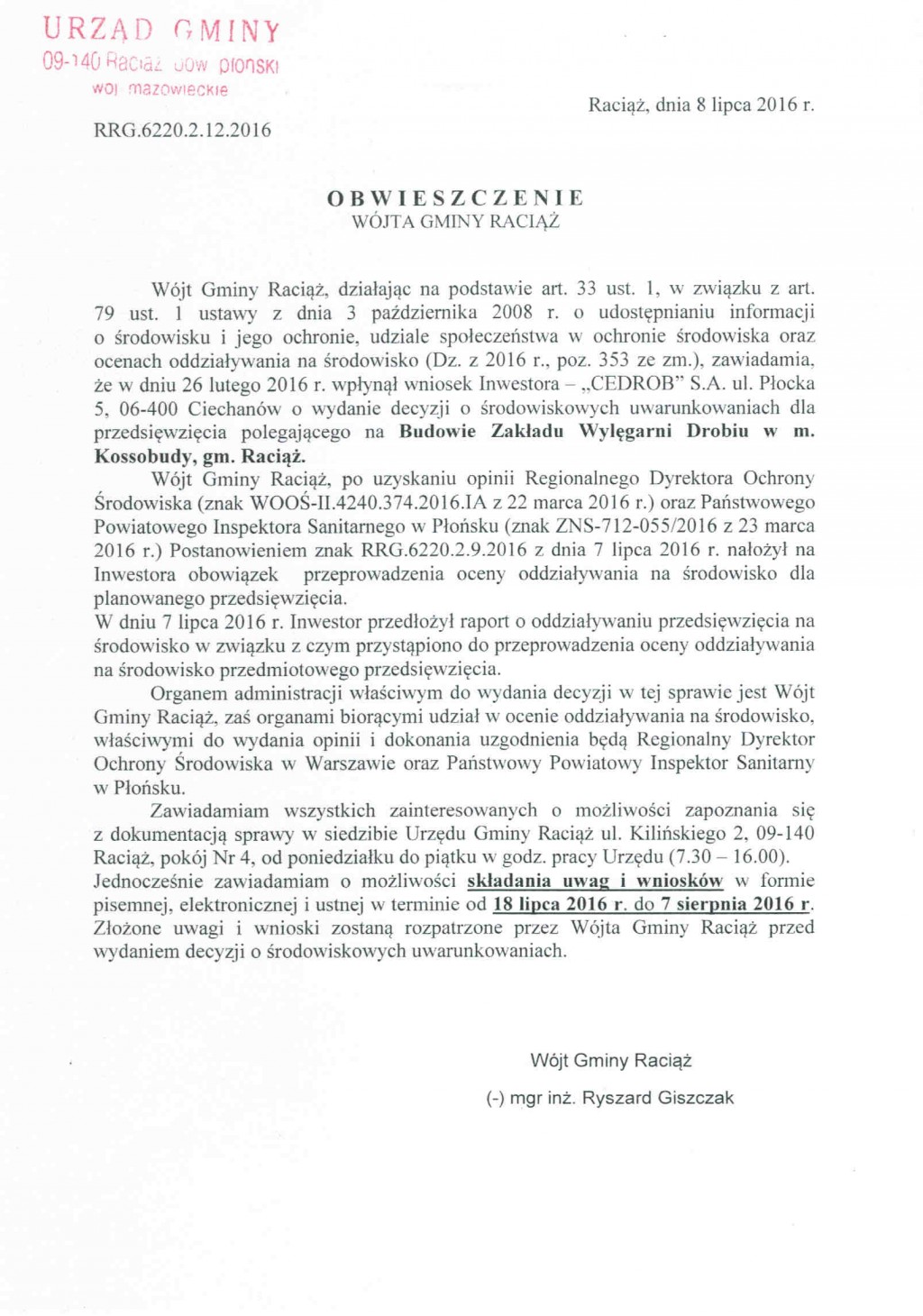 Budowa Zakładu Wylęgarni Drobiu w m. Kossobudy, gm. Raciąż