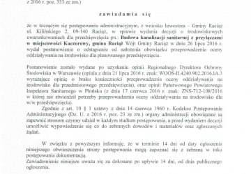 Budowa kanalizacji sanitarnej z przyłączami w miejscowości Kaczorowy, gmina Raciąż