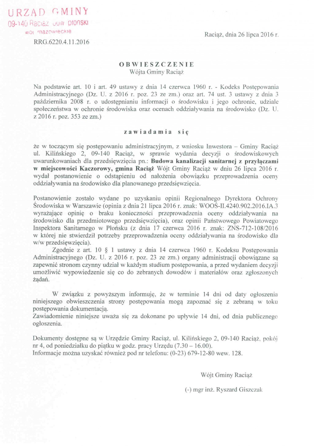 Budowa kanalizacji sanitarnej z przyłączami w miejscowości Kaczorowy, gmina Raciąż