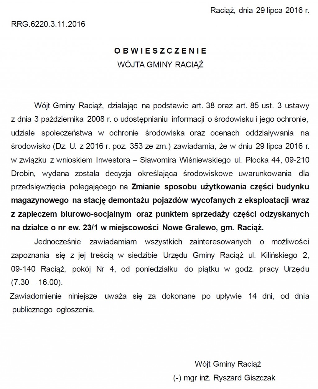 Obwieszczenie Wójta Gminy Raciąż