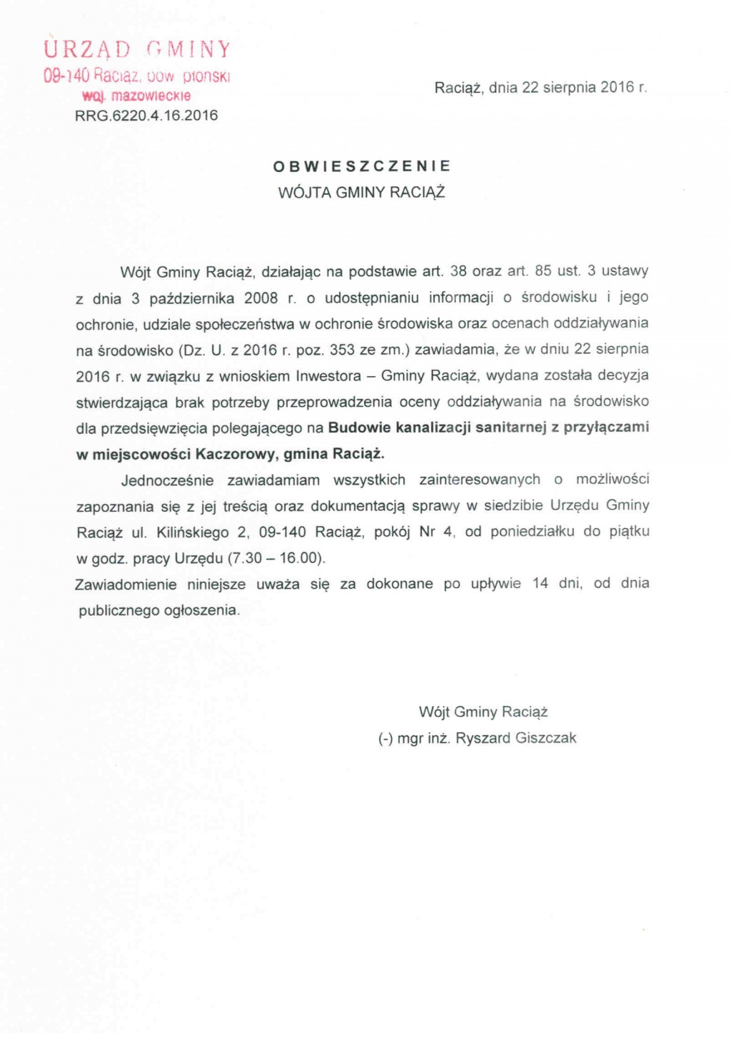 Obwieszczenie Wójta Gminy Raciąż