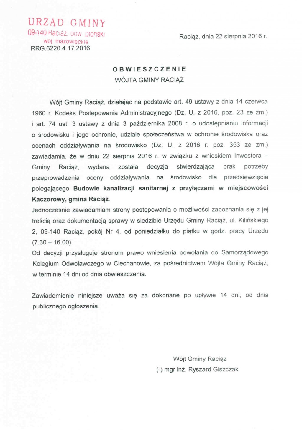 Obwieszczenie Wójta Gminy Raciąż