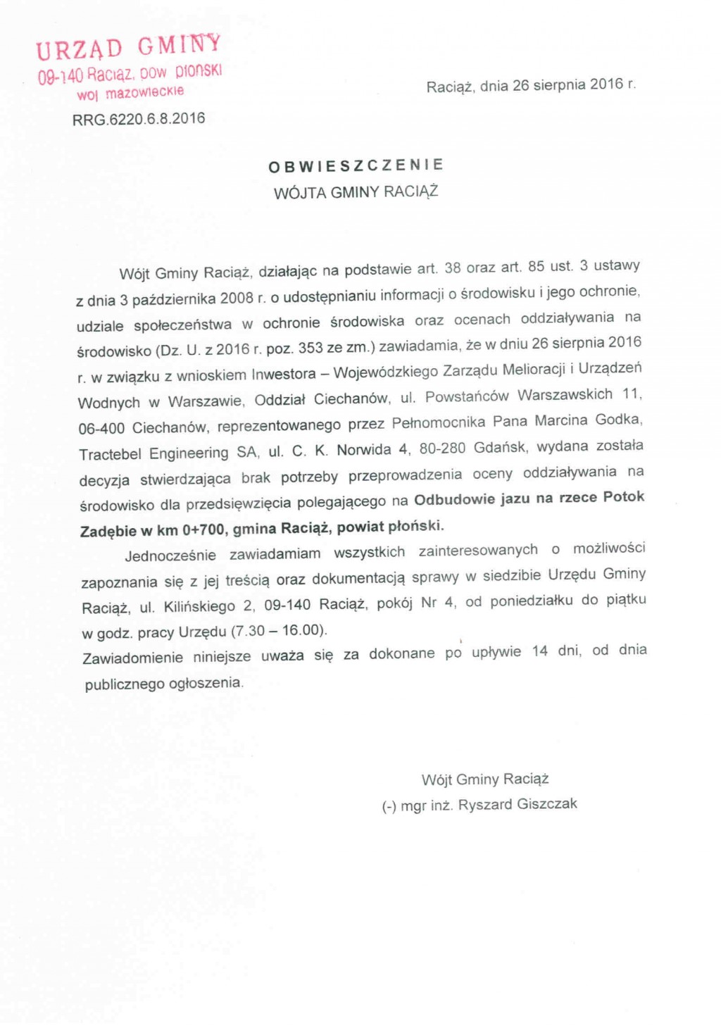 Obwieszczenie Wójta Gminy Raciąż