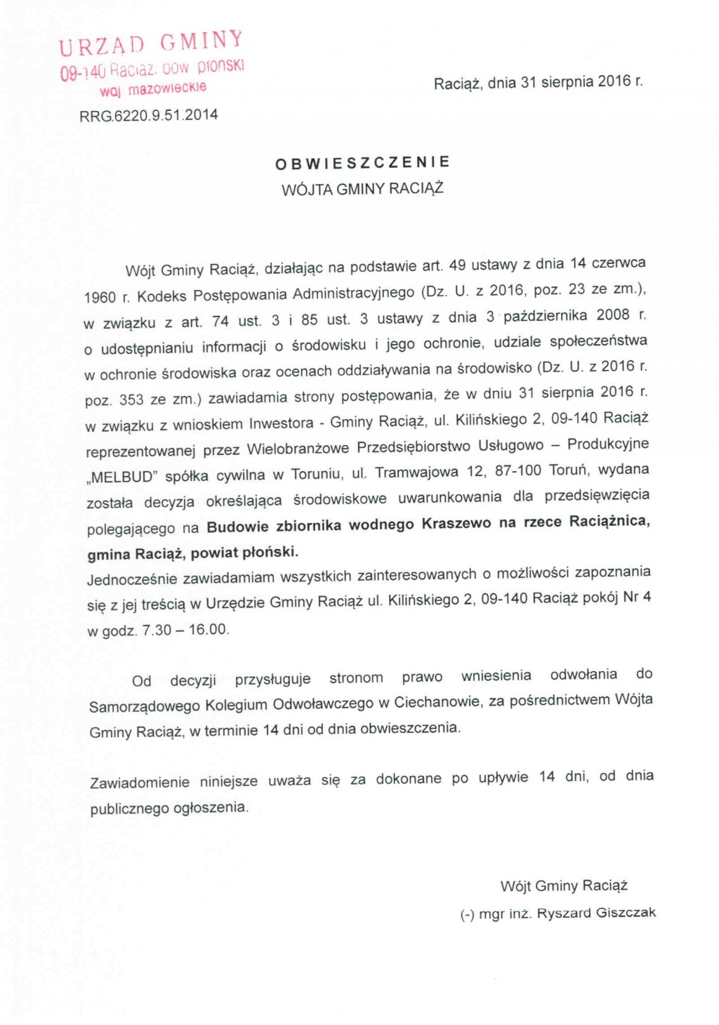 Obwieszczenie Wójta Gminy Raciąż