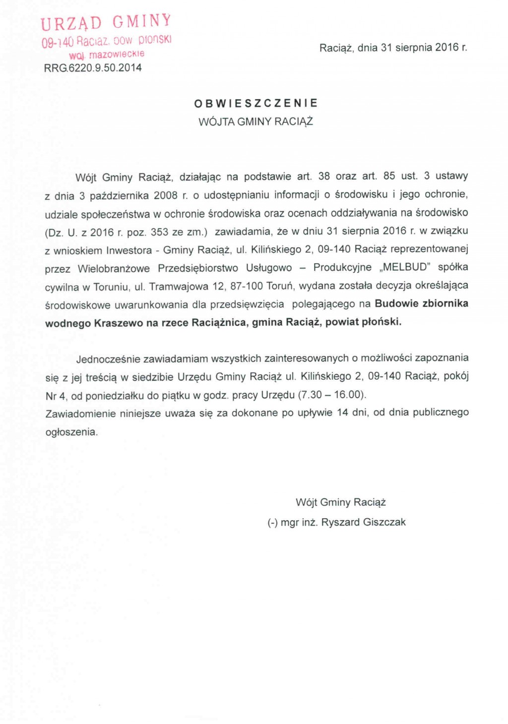 Obwieszczenie Wójta Gminy Raciąż