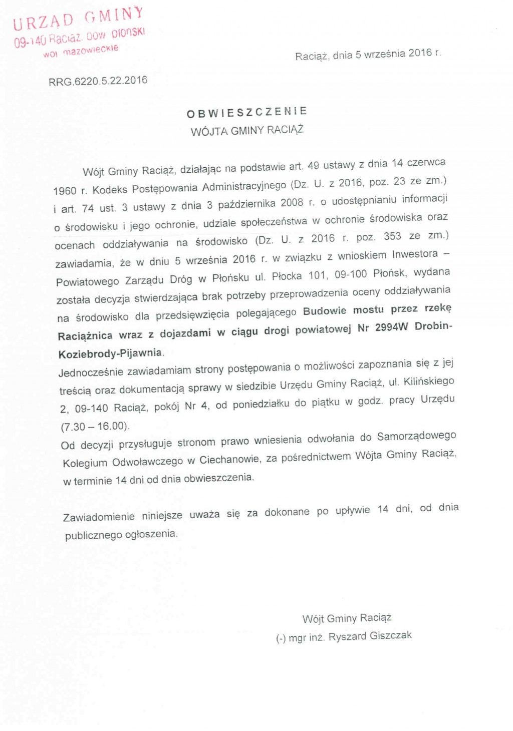 Obwieszczenie Wójta Gminy Raciąż