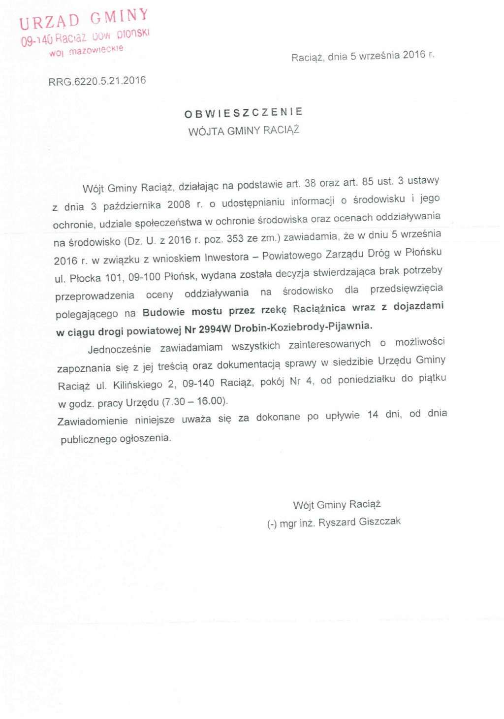 Obwieszczenie Wójta Gminy Raciąż