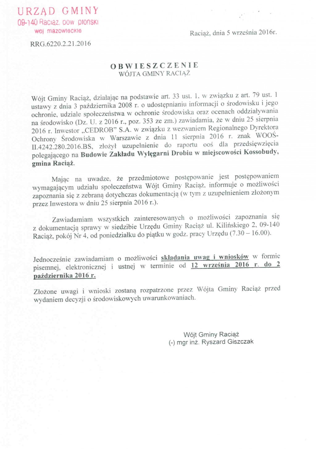 Obwieszczenie Wójta Gminy Raciąż