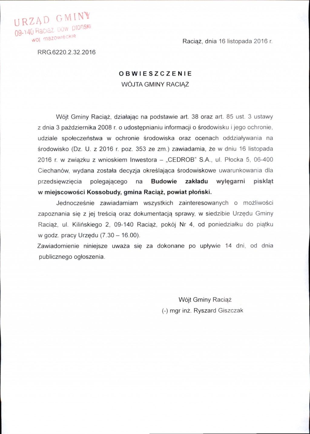 Obwieszczenie Wójta Gminy Raciąż