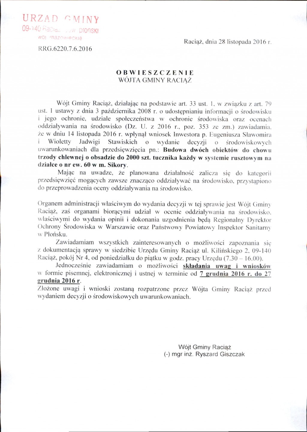 Obwieszczenie Wójta Gminy Raciąż