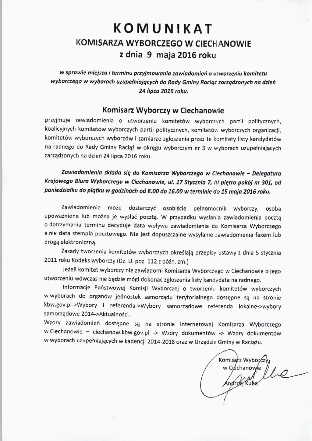 Komunikat w sprawie miejsca i terminu przyjmowania zawiadomień o utworzeniu komitetu wyborczego