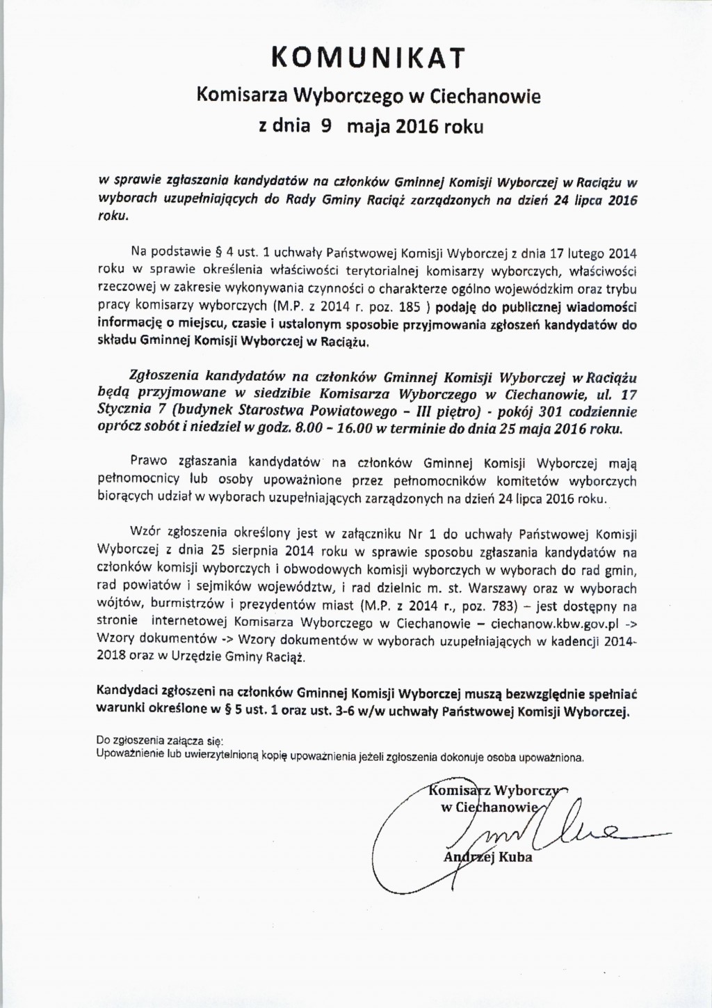 Komunikat w sprawie zgłaszania kandydatów na członków gminnej Komisji Wyborczej w Raciążu
