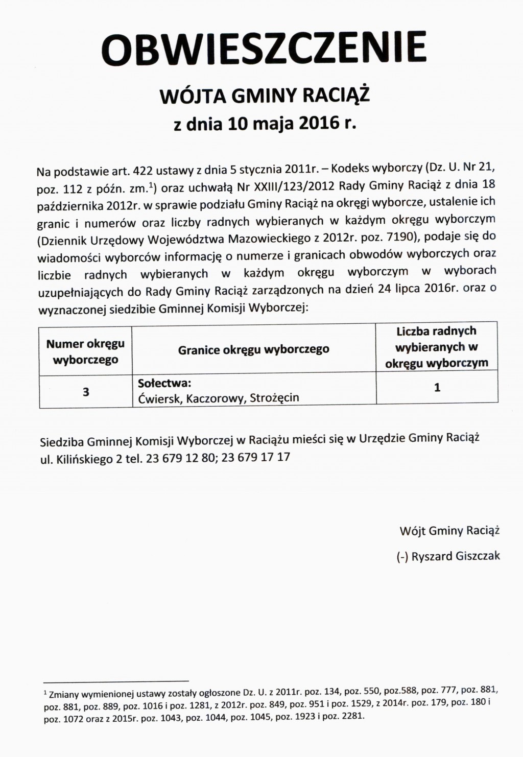 Obwieszczenie Wójta Gminy Raciąż