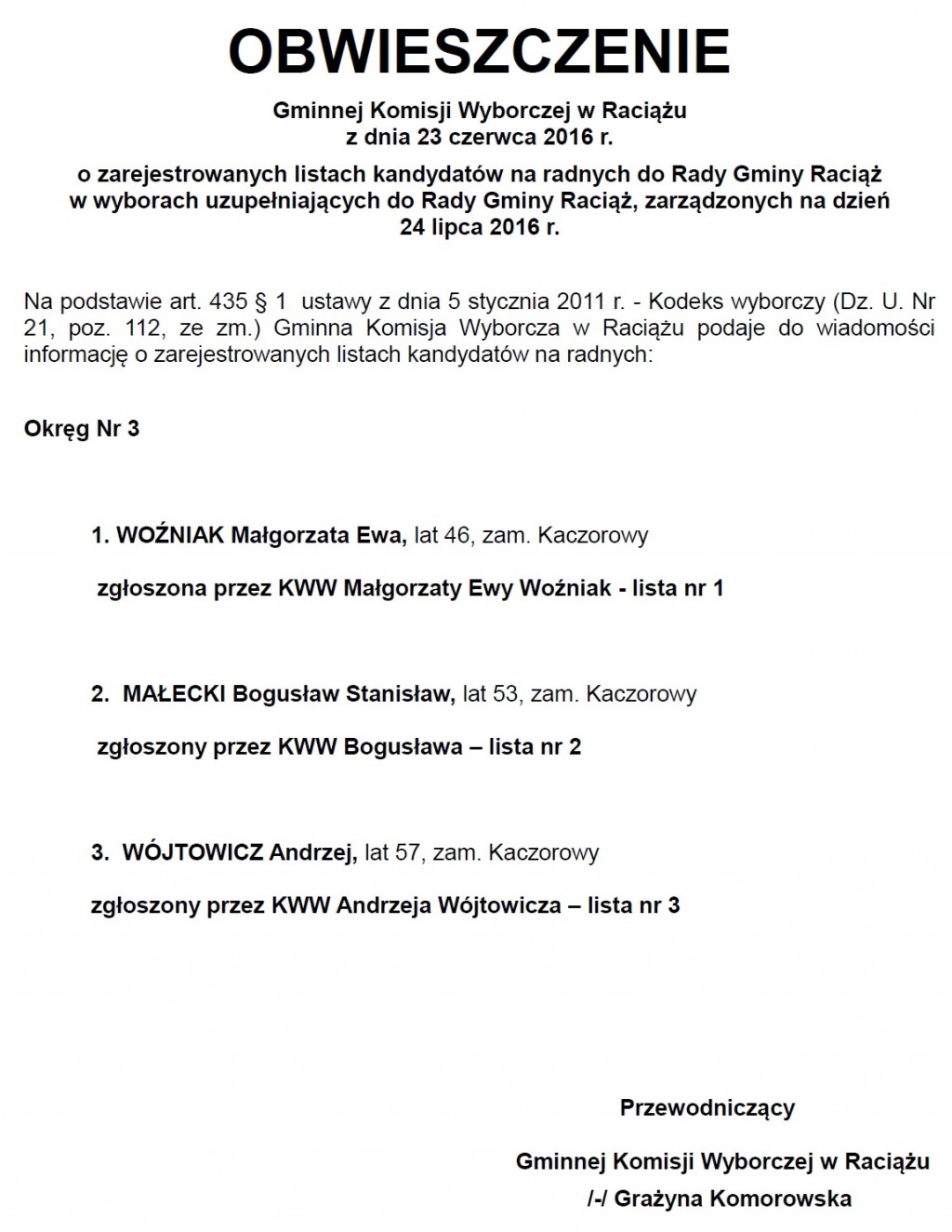 Obwieszczenie Gminnej Komisji Wyborczej o zarejestrowanych listach kandydatów na radnych do Rady Gminy Raciąż