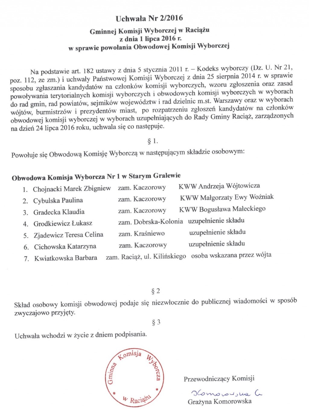 Uchwała Nr 2/2016 GKW w sprawie powołania Obwodowej Komisji Wyborczej
