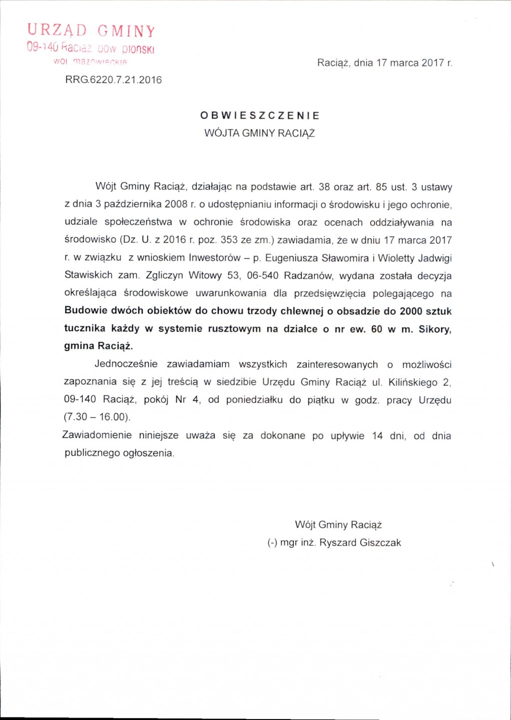 Obwieszczenie Wójta Gminy Raciąż