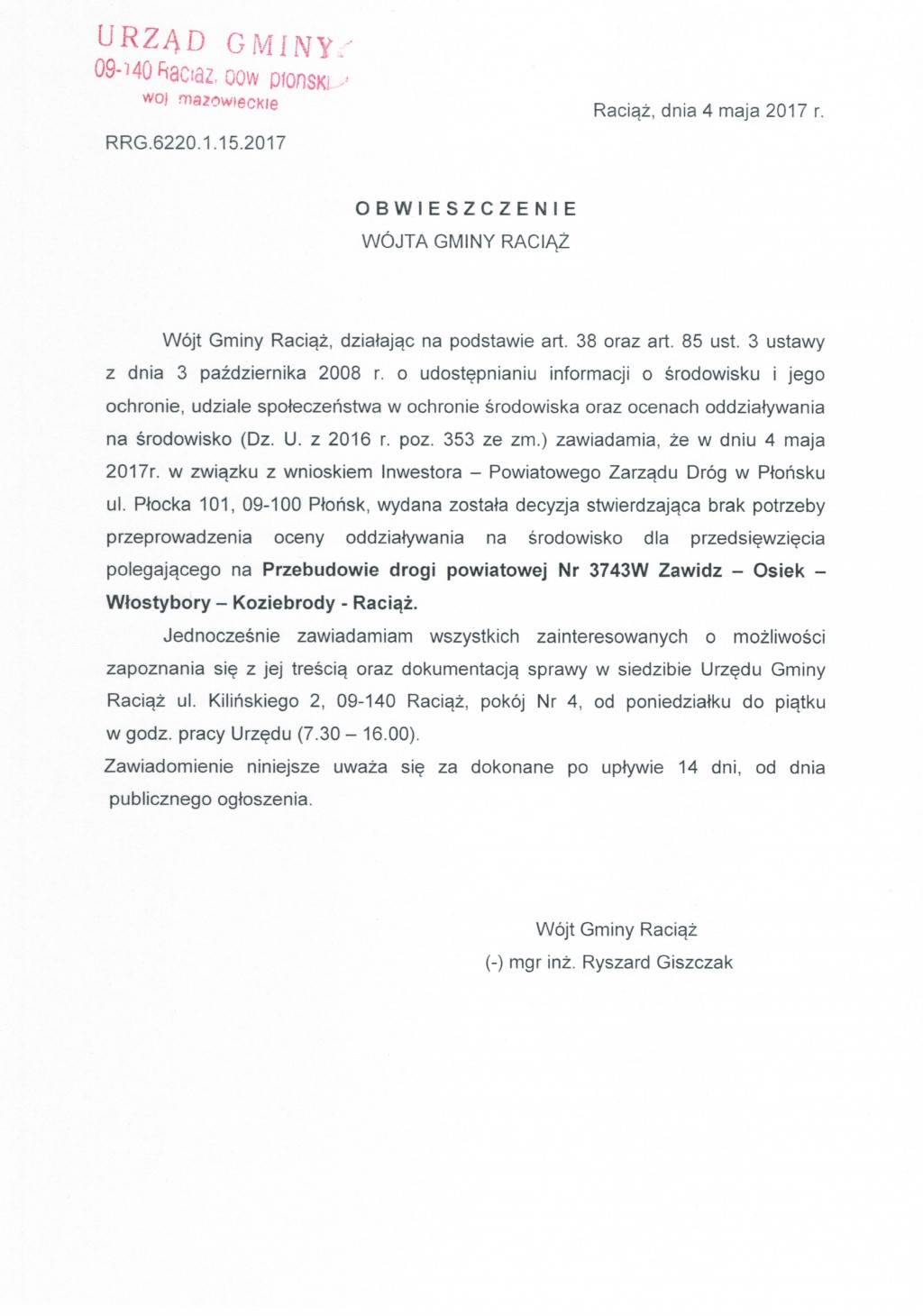 Obwieszczenie Wójta Gminy Raciąż