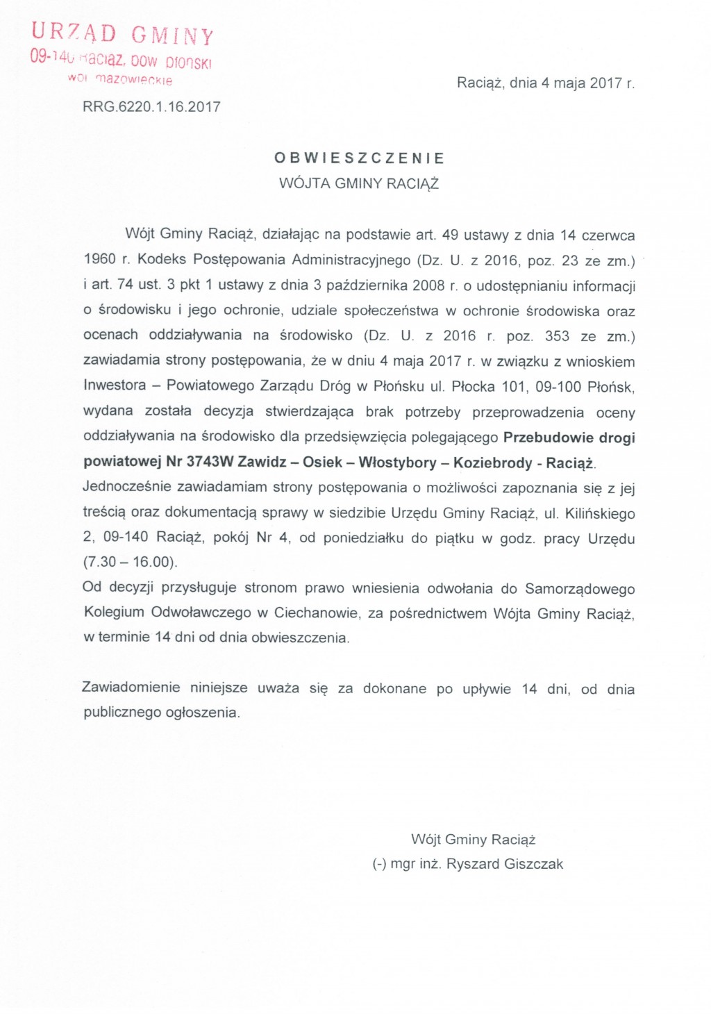 Obwieszczenie Wójta Gminy Raciąż