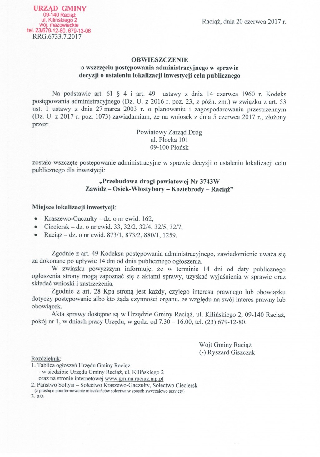 Obwieszczenie Wójta Gminy Raciąż