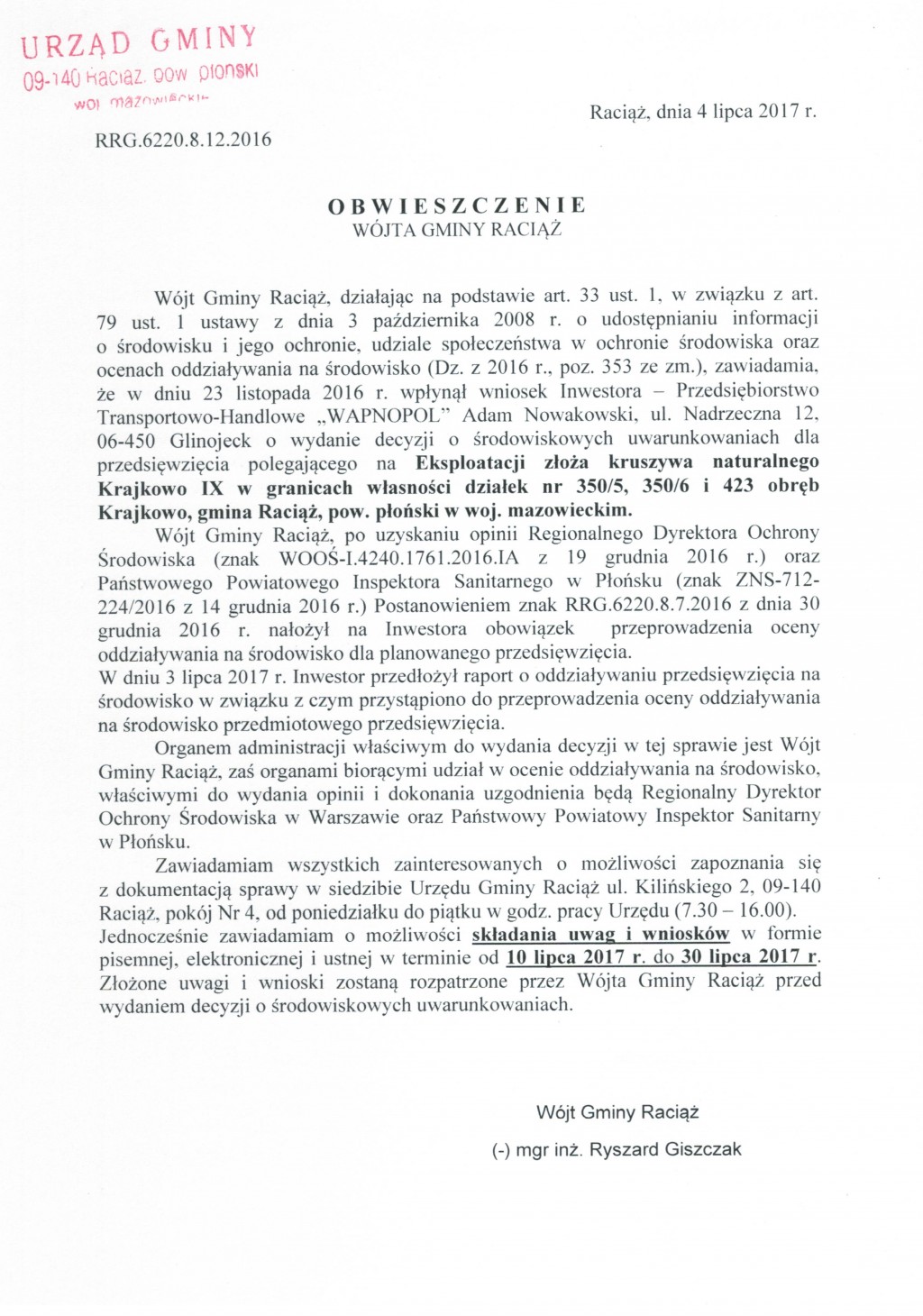 Obwieszczenie Wójta Gminy Raciąż