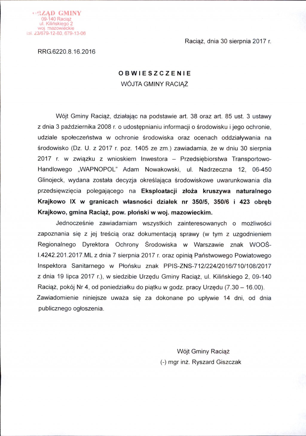 Obwieszczenie Wójta Gminy Raciąż