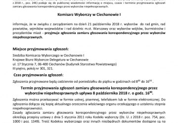 Komunikat Komisarza Wyborczego w Ciechanowie z dnia 27 sierpnia 2018 roku