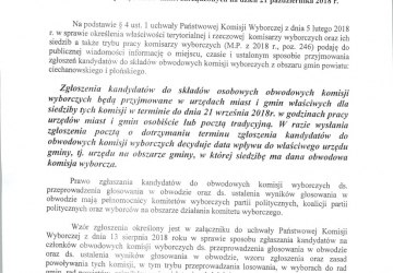 KOMUNIKAT Komisarza Wyborczego w Ciechanowie I z dnia 13 września 2018 roku