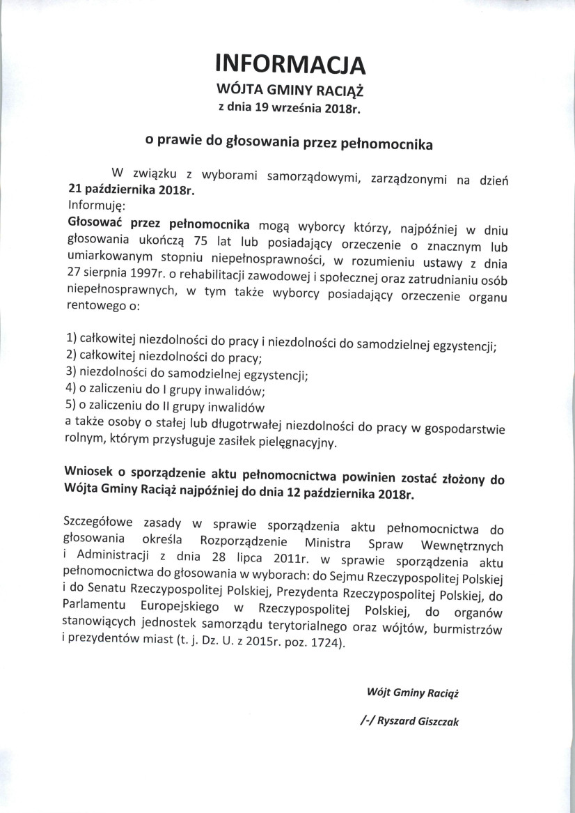 INFORMACJA WÓJTA GMINY RACIĄŻ z dnia 19 września 2018r.