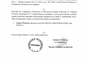POSTANOWIENIE Komisarza Wyborczego w Ciechanowie I z dnia 15 października 2018 r.